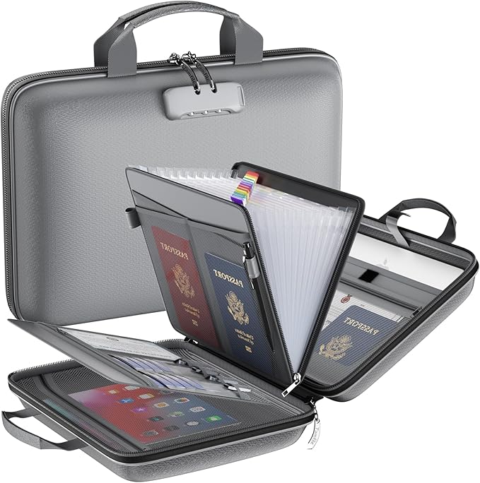 Fireproof File Organizer with Lock, Hard Case Fireproof Document Box with 13 Pockets Accordion File Folder, Important Document Organizer for Letter A4 Files Laptop Passports (Grey)