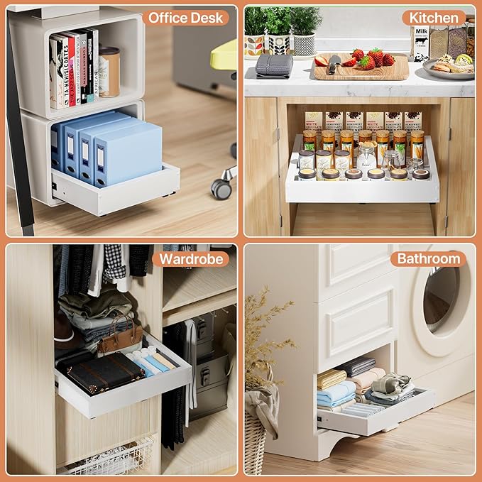 1 Pack Pull out Cabinet Organizer, Width (10"-16") Depth (17"-25"), with 3 Rails Adjustable Slide, Expandable Pullout Drawers for Cabinets, No Drill Adhesive Kitchen Drawers for Pantry Shelves