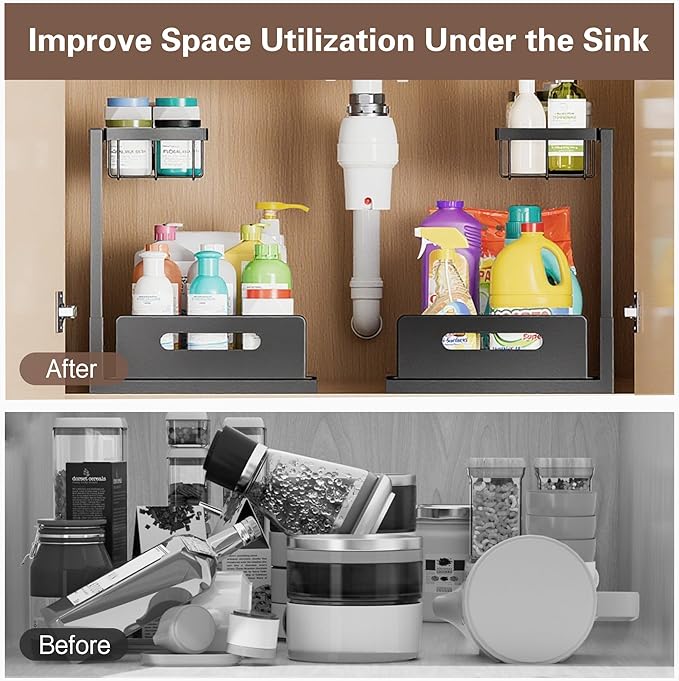 VUSIGN Under Kitchen Sink Organizer, 2 Tier Metal Slide out Sink Shelf Pull out Cabinet Organizer Drawers for Bathroom Kitchen Laundry, 2 Pack, Black