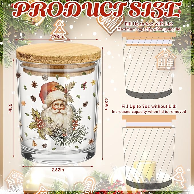 Ziliny 12 Pack 7 oz Christmas Glass Candle Jar with Wood Lids Xmas Retro Thick Empty Jars for Making Candles Small Holiday Container Bulk for Gifts Making DIY Party Supplies Accessories