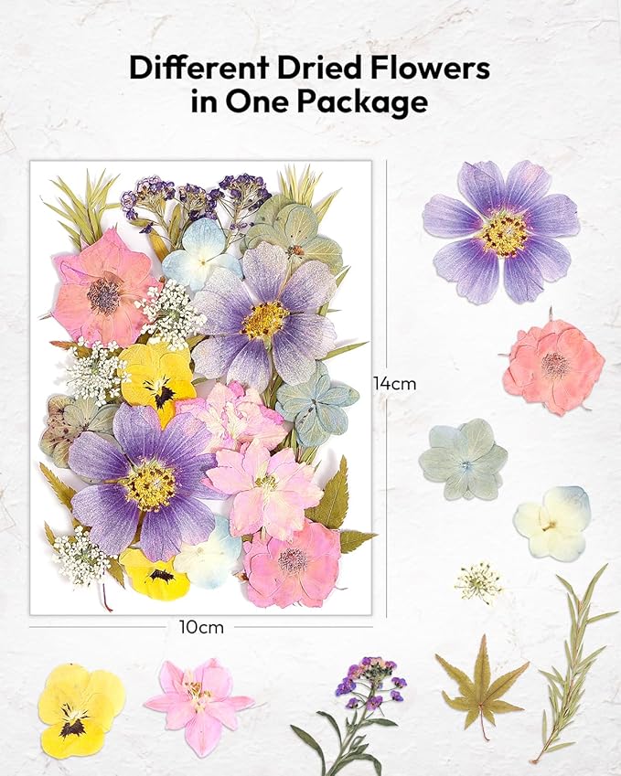 Dried Flowers, Resiners 100Pcs Pressed Flowers for Craft Retro Style Real Natural Dried Flowers Dry Leaves Kit for DIY Making Crafts Resin Soap Candle Scrapbook Supplies Card Making Jewelry