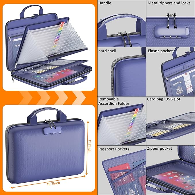 Fireproof File Organizer with Lock, Hard Case Fireproof Document Box with 13 Pockets Accordion File Folder, Important Document Organizer for Letter A4 Files Laptop Passports (Blue)