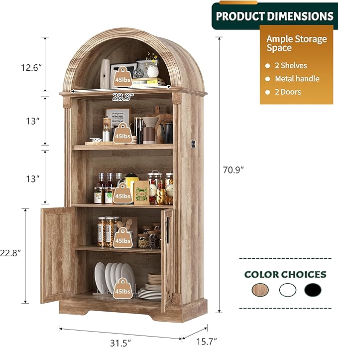 Vlsrka 71" Tall Arched Kitchen Pantry Cabinets, Wood Kitchen Storage Cabinets/Arched Bookshelf/Bookcase,China Cabinet with Open & Adjustable Shelves, Induction LED Light (Brown 2 PCS)