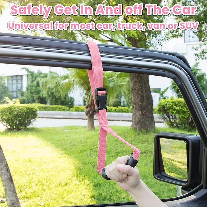 E-cowlboy Auto Cane Grab Handle - Adjustable Standing Aid Safety Portable Vehicle Support Bar With Nylon Grip - Mobility Assist Device (Pink)