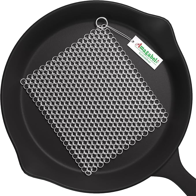 Amagabeli Cast Iron Cleaner 8"x6" Premium Stainless Steel Chainmail Scrubber Cast Iron Skillet Cleaner for Pan Pot Wok Griddles BBQ Grills Cast Iron Cleaning