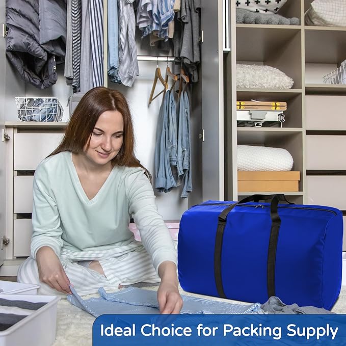 2 Pack 96L Extra Large Moving Bags with Zippers & Carrying Handles for Storage, Packing, Traveling, Camping, Langdry, Big Heavy Duty Moving Totes Bags for Clothes, Supplies and Space Saving Blue