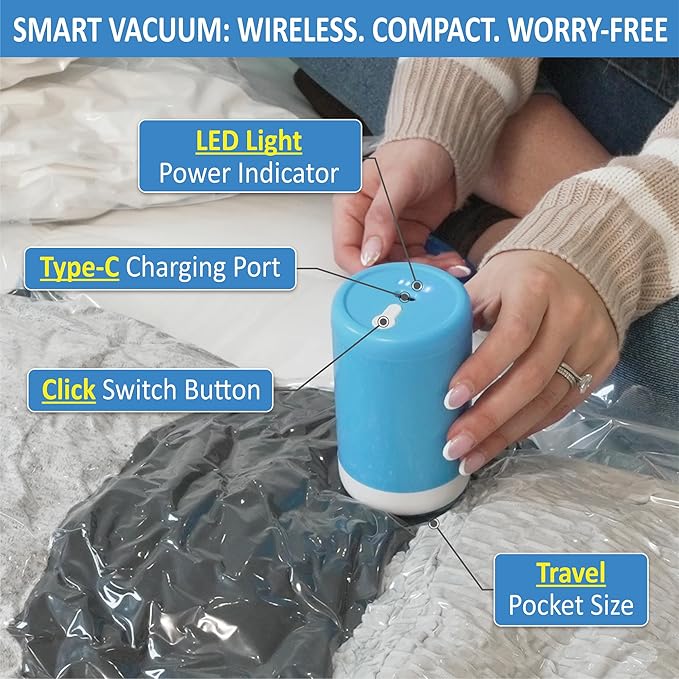 Cozy Essential Travel Vacuum Storage Bags with Rechargeable Cordless USB Pump, Space Saver Bags for Luggage, Suitcase, Carry-On, for Clothes, Blankets, Bedding & Seasonal Storage,10 Combo
