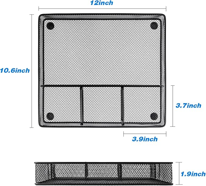 VyGrow Desk Drawer Organizer Tray, Metal Mesh Drawer Organizers Office, 4 Grid with Adjustable Compartment, Desk Organizer Tray for Home Office 12x10.6x1.9 inch Black, 2 Pack