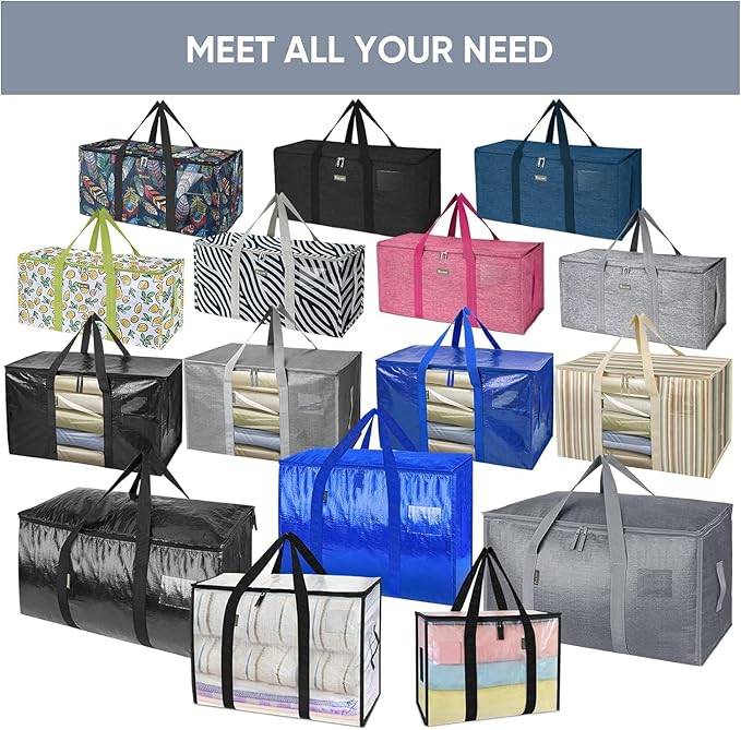 TICONN 2 Pack Extra Large Moving Bags with Zippers & Carrying Handles, Heavy-Duty Storage Tote Moving Boxes for Space Saving (2 PK, 60 Gallon)