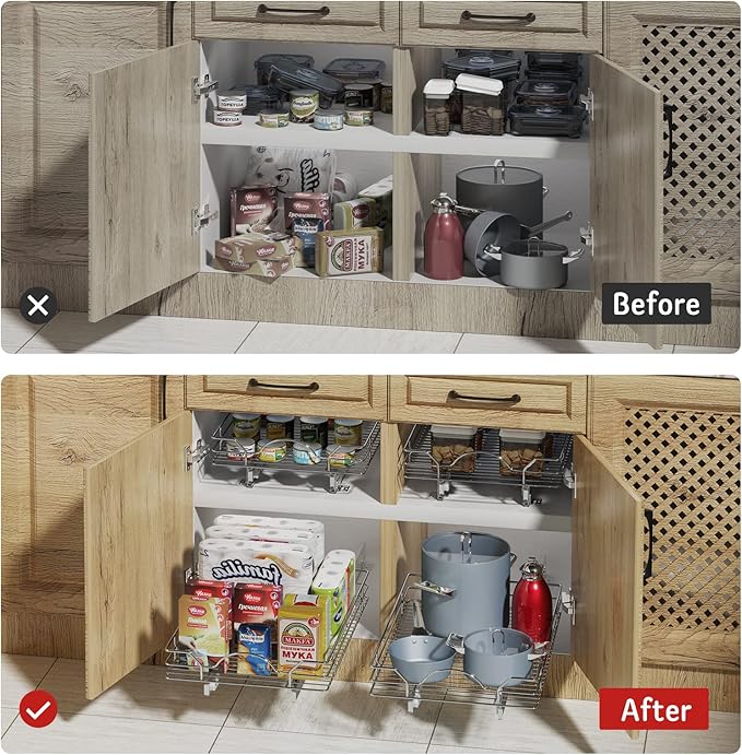 LOVMOR Pull Out Cabinet Organizer and Storage 14" W x 21" D, Slide Out Shelves for Kitchen Cabinets