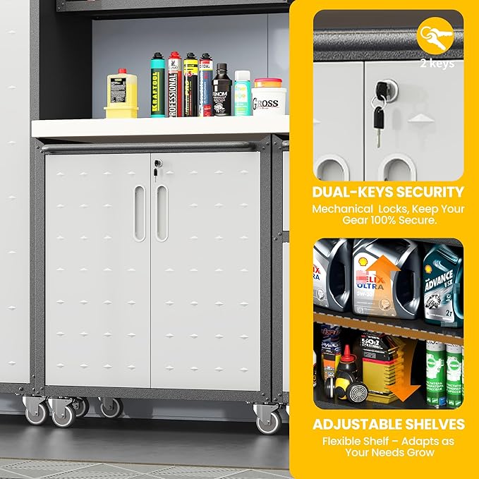 Garage Storage Cabinets with Wheels, Locking Metal Storage Cabinets with Doors and Adjustable Shelves, Easy Assembly Tool Cabinet for Garage, Basement,Warehouse