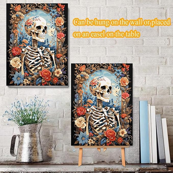 Meothan Paint by Numbers Kits for Adults, Skull Paint by Number for Adults Beginners, Flowers Paint by Numbers Kits on Canvas with Framed and Easel for Home Wall Decor 11.8x15.7inch (30x40cm)
