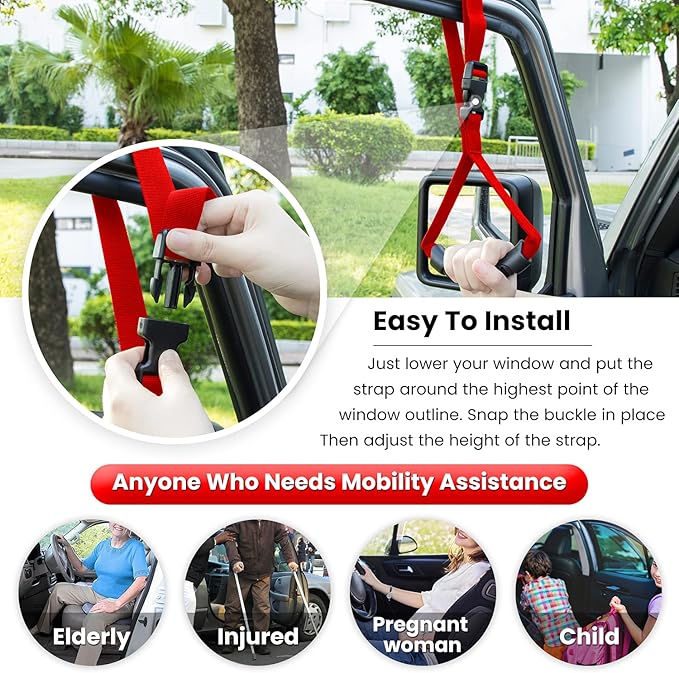 Cowlboy Auto Cane Grab Bar - Adjustable Standing Aid with Nylon Grip Handle - Portable Vehicle Support - Red