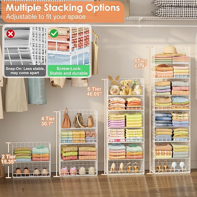 8 Tier Extended Width Hanging Closet Organizer, Sweater Storage for Closet Organizer System, Stackable Wire Basket Bins for Clothes Purse Shoes, Hanging Shelves with 4 Hooks & 4 Dividers Adjustable