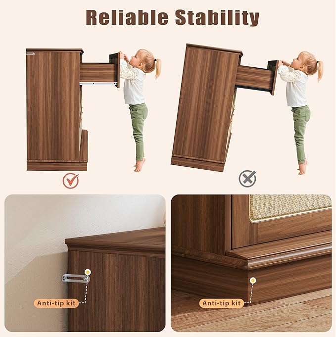HUAHUU 9 Drawer Dresser for Bedroom, 60 Inch Long Dressers & Rattan Chest of Drawers, Boho Style, Large TV Stand for 55, 65, 70 Inch TV, for Bedroom, Living Room, Entryway, Hallway, Walnut