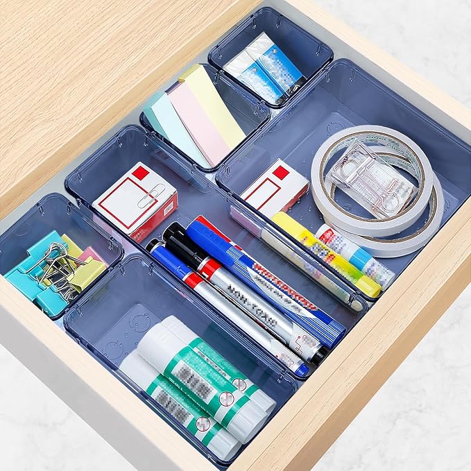 StorMiracle 23 PCS Drawer Organizer Set, 5 Varied Size Bathroom and kitchen Drawer cabinet organizer Trays, Clear Storage Bins for Makeup, Jewelry, Utensils and Gadgets, Dark Blue