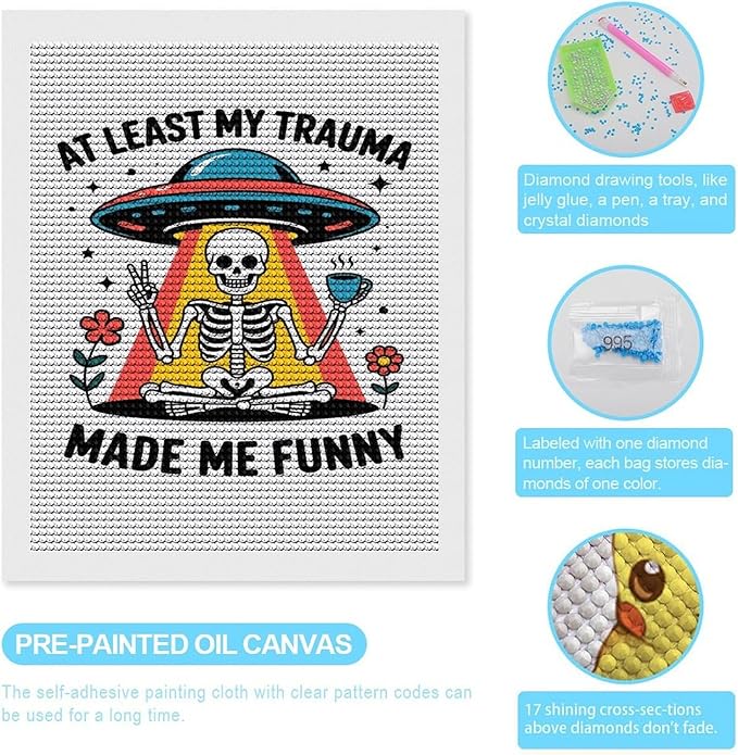 KIVJMSIDJA Skull Skeleton “At Least My Trauma Made Me Funny” Diamond Art Kits for Adults for Beginners, 5D Full Diamond Art Paint 16"x20"