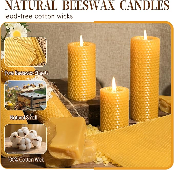 Pure Beeswax Pillar Candles,3 Pack Hand-Rolled Natural Beeswax Candles(1.77x3in,2x4in,2x6in) 60 Hours Burning Unscented Bees Wax Candle for Home,Smokeless&Dripless Pillar Candle for Meditation,Wedding