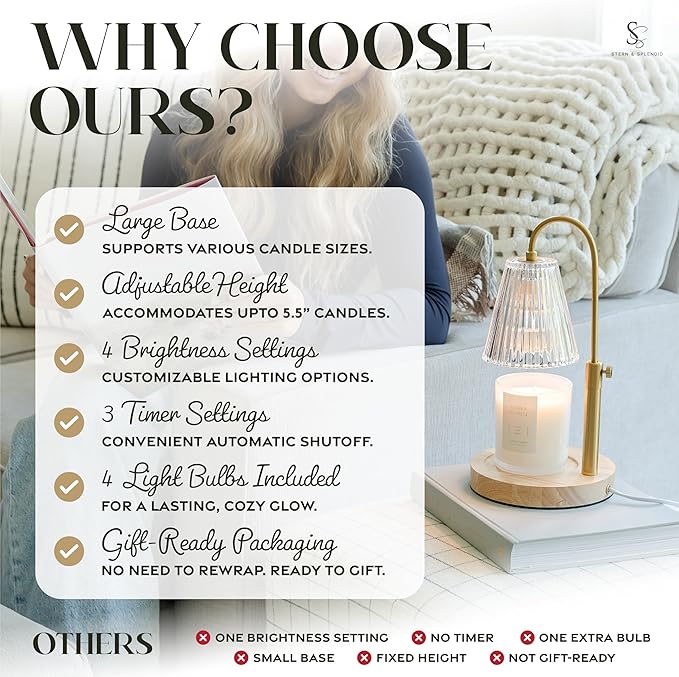 STERN & SPLENDID Adjustable Wood Candle Warmer Lamp for Jar Candles – Large Round Base, Dimmable Electric Candle Melter with Timer, Flameless Candle Heating Lamp with 4 Halogen Light Bulbs