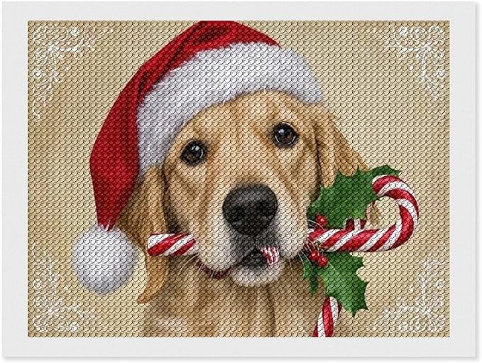 Diamond Painting Kits for Adults - Christmas Golden Retriever Puppy in Santa Hat with Candy Cane Painting DIY 5D Full Drill Diamond Dots Paintings with Diamonds Gem Art And Crafts Home Decor 12"x16"