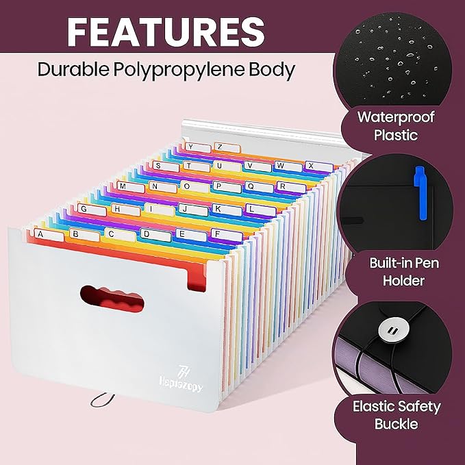 Plastic Accordion File Organizer, 26 Pockets Expandable File Folder Organizer, A4 Letter Size Filing Organizer with Colorful Tabs, Elastic Cord, 60 Paper Clip, Label & Stickers for Office School Home