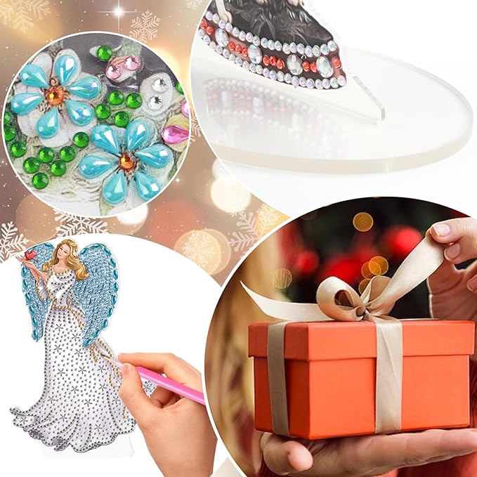 antor Diamond Painting Desktop Ornament Kit, Acrylic Tabletop Diamond Art Tabletop Decoration with Wings Angel Figurine for Adults, Special Shape Crystal DIY Crafts Gift