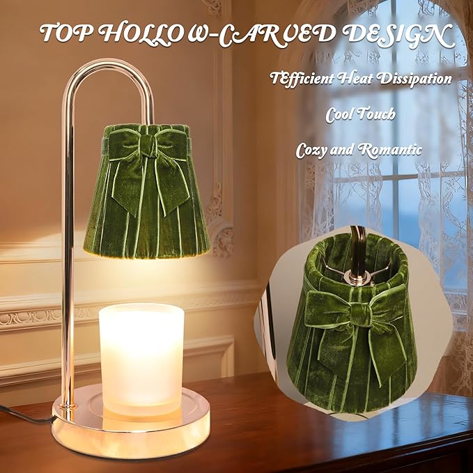 Green Coquette Bow Candle Warmer Lamp with Timer, Dimmable, Sage Green Décor Velvet for Home, Electric Wax Warmer for Jar Candles, Gifts for Birthday, Mom Women, Dad, Friend