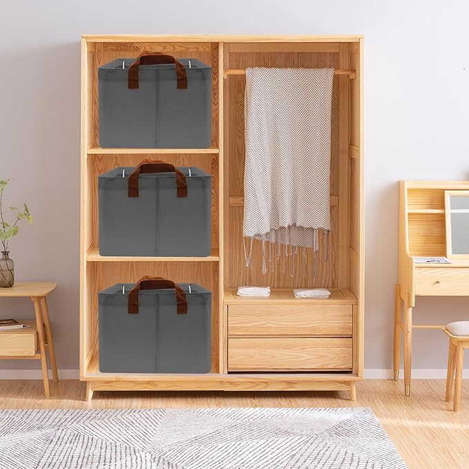 Large Capacity Storage Bins Closet Organizer System, 2PCS Fabric Storage Box with Steel Frame Stackable Shelf Storage Baskets Foldable Wardrobe Storage Box for Clothes Toys (Grey)