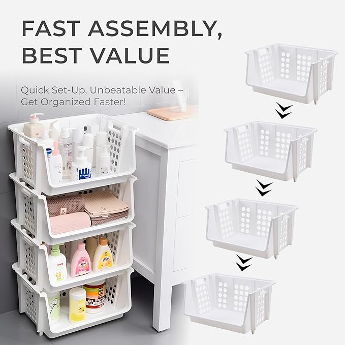 TidyFriend Large Stackable Storage Bins for Pantry - 4 Pack, Stackable Bins For Organizing Food, Kitchen, and Bathroom Essentials (White)