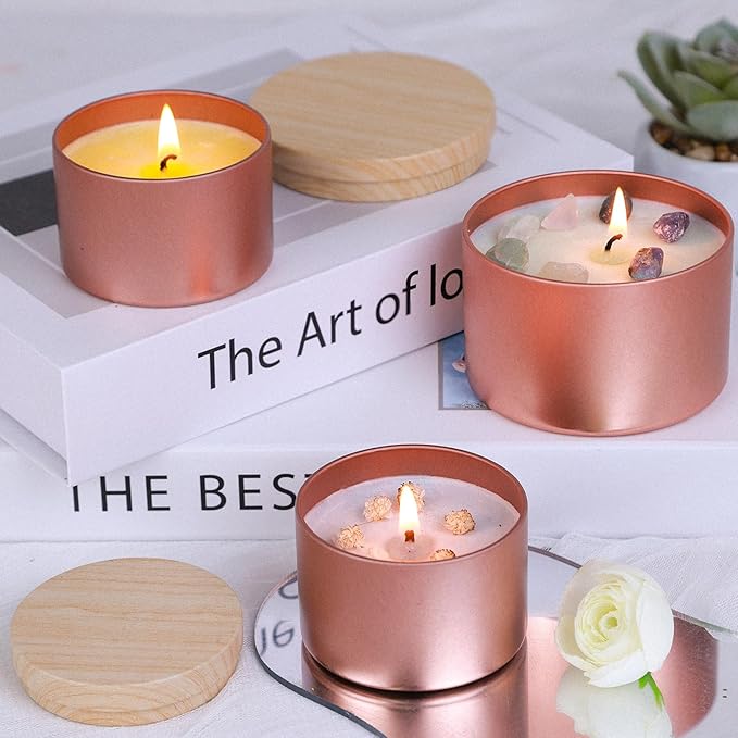 CONNOO 24 Pack Candle Tins, 12pcs 8 OZ & 12pcs 4 OZ Rose Gold Jars with Metal Wood-Grain Lids, Bulk Empty Containers for Candle Making, Wick Kit Included