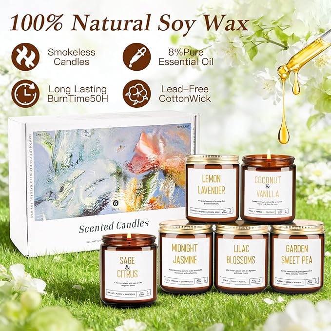 Candles for Home Scented - 42oz Soy Wax Candles Non Toxic, Spring Scented Candles with Lavender, Coconut, Jasmine, Sage, Lilac Blossoms, Sweet Pea - Candle Gift Set for Women, Galentines & Birthday