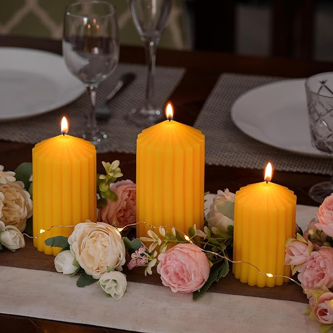 3 Pack Yellow Ribbed Pillar Candles - Soy Wax Unscented, 2.76" x4.2/4.9/5.9 in Smokeless Non Toxic Cotton Wick, Aesthetic Modern Candles for Home Decor, Dinner Table, Living Room, Housewarming Gift