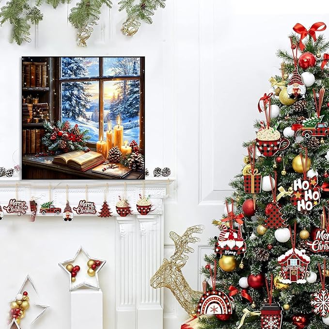 Accompany Wind Christmas Diamond Art Kits for Adults, Christmas Window Diamond Painting Kits, 5D Round Drill Diamonds Gem Art Craft for Home Wall Decor Gifts 14x14 Inch