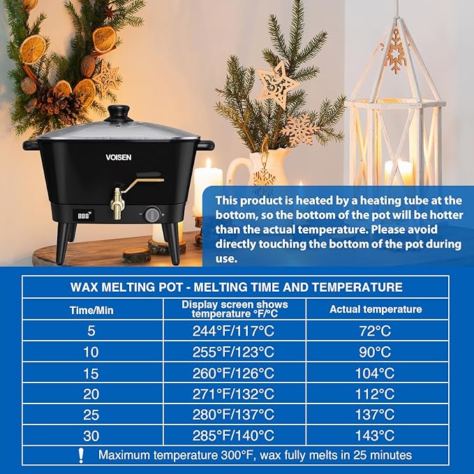 VOISEN Wax Melter for Candle Making, Electric Non-Stick Wax Melter Holds 8Qts of Wax,Soy Wax for or Soap Business Candle Making with Heat Resistant Handle & Brass Spout,Temp Control (Black)