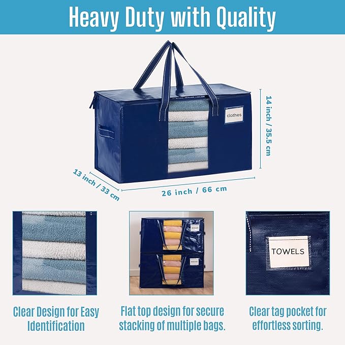 VENO 8 Pack Heavy Duty Moving Bags, Clothes and Comforter Storage Bags with Clear Window, College Dorm Essentials Packing Supplies, Foldable Boxes Alternative (Blue, 8 Pack)