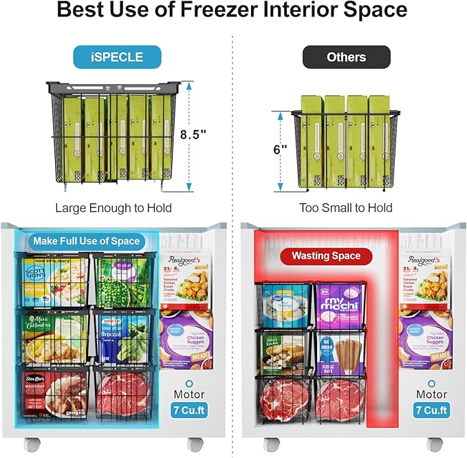 iSPECLE Freezer Organizer Bins - 4 Pack Adjustable Width for 5 to 7 Cu.Ft Chest Freezers, Stackable Freezer Wire Storage Baskets for Deep Freezer Organization, Assembly Required, Black