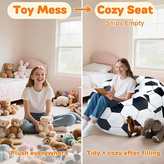 Lukeight Soccer Stuffed Animals Storage Bean Bag Chair Cover Only (Ships Empty, No Filling) - Velvet YKK Zipper Beanbag Cover for Teens Adults, Washable Plush Toy Organizer, XXX-Large 42" D x 23" H