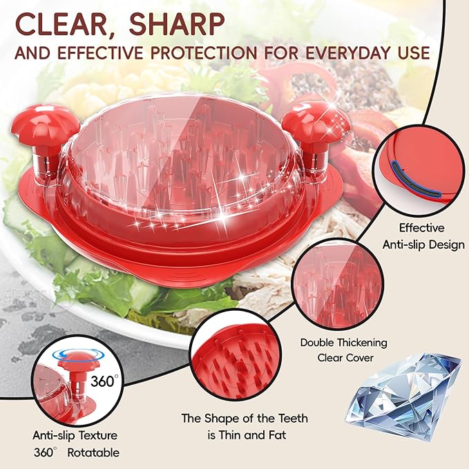 XL 11.5” Chicken Shredder, Large Pro Meat Shredder Tool Twist with Ergonomic Handle, Strong Non-Slip Base, Dishwasher Safe, Kitchen Chicken Grinder for Ground Food, Vegetables, Red