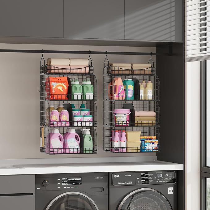 SWTYMIKI Hanging Closet Organizer Storage - 4 Tier Metal Stackable Hanging Closet Shelves with Dividers and S Hooks, Foldable Clothes Shelves for Clothes, Pants, Shoes, Coat, Hats Clutches Accessories