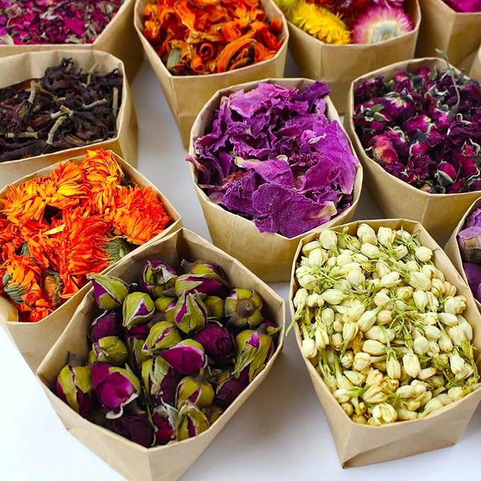 20 Pack*0.28oz Organic Dried Flowers|Linen Bag&Bamboo Clamp,Gluten-Free,Candle Soap Making,Lavender,Pink Rose,Jasmine and More