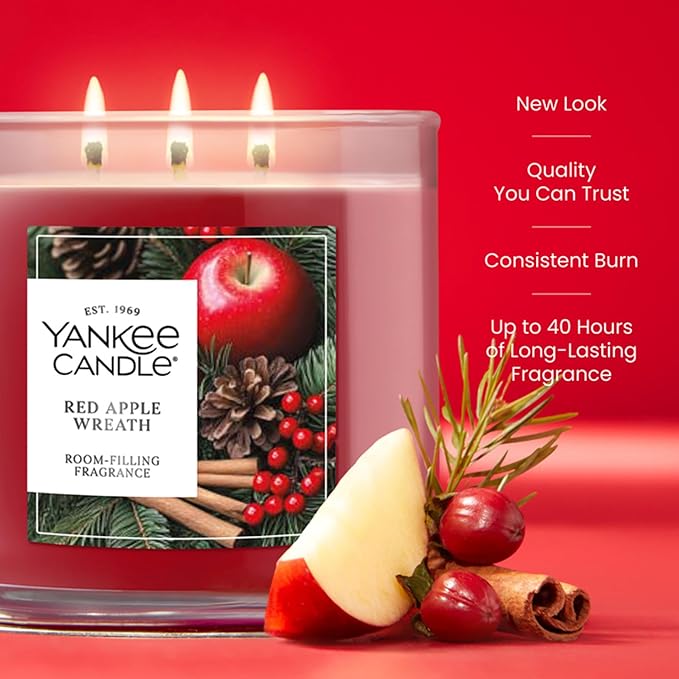 Yankee Candle Red Apple Wreath, Scented Candle, 14.5oz 3-Wick Candle Jar with up to 40 Hours Burn Time