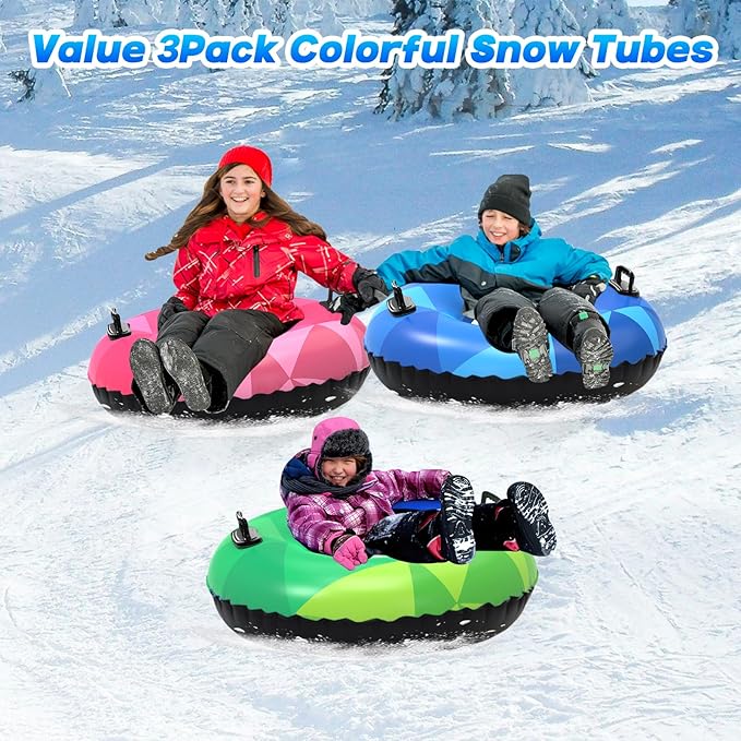 WOLKEK 3Pack Snow Tubes, Snow Sled for Kids and Adults, Cold-Resistant Inflatable Snow Tube, Thickened Heavy Duty Sleds for Winter with Handles, Snow Toys, Snow Sleds for Family Activities Outdoor Fun