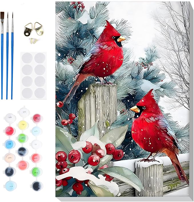 Bowetile Christmas Paint by Numbers for Adults Beginners Framed, Adults' Paint-by-Number Cardinal Kits on Canvas, Acrylic Number Painting Christmas Gifts for Home Wall Decor, 8x12in