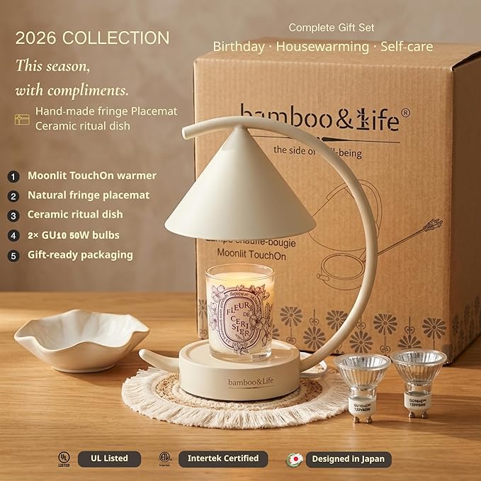 Bamboo&Life® Moonlit TouchOn Candle Warmer Lamp,4-Pc Eco-Luxury Set,Authentic Japan Moon Design,US Brand,UL&ETL Certified Components,Real Bamboo Base,Touch Dimmer,Birthday&Housewarming Gift,Home Decor