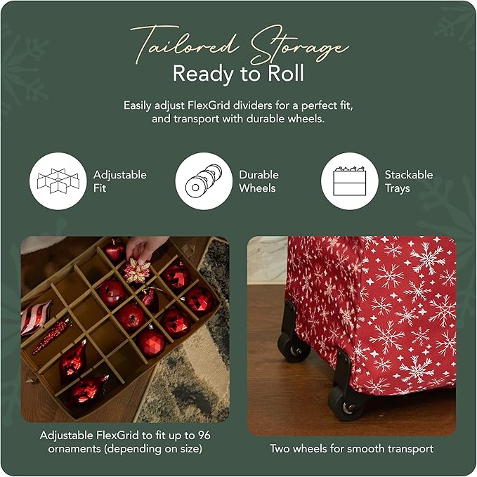 Covermates Keepsakes Rolling Adjustable Ornament Storage Bag – Heavy-Duty Polyester, FlexGrid Trays & Padded Dividers – Protective Holiday Organizer with Wheels, Handles & ID Window, Red Snowflake