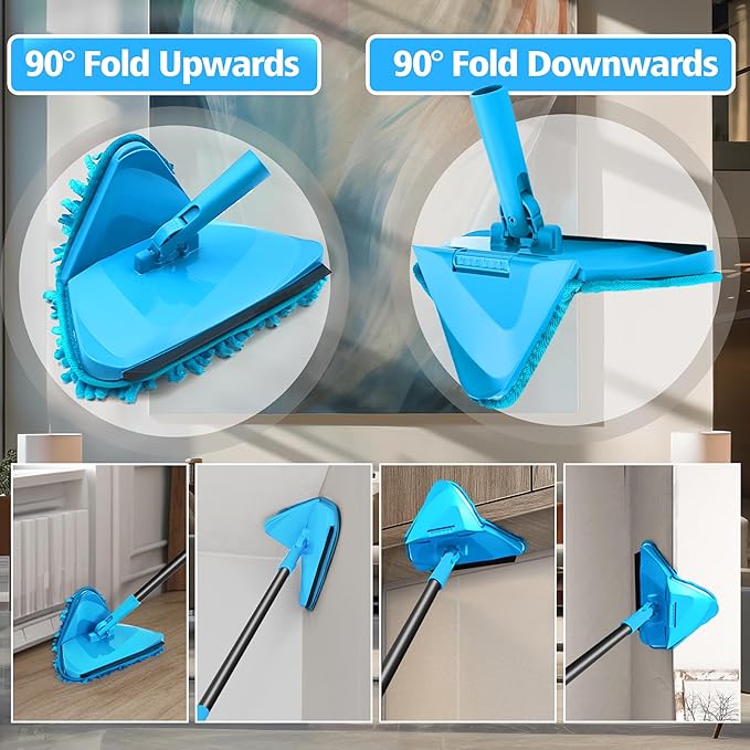 NEWE Wall Mop Cleaner with 80 Inch Long Handle, 180° Folding Ceiling Cleaner with Squeegee, Cabinet Cleaning Tool, Wall Scrubber, Triangle Baseboard Scrubber, 4 Chenille Duster & 2 Microfiber Pads