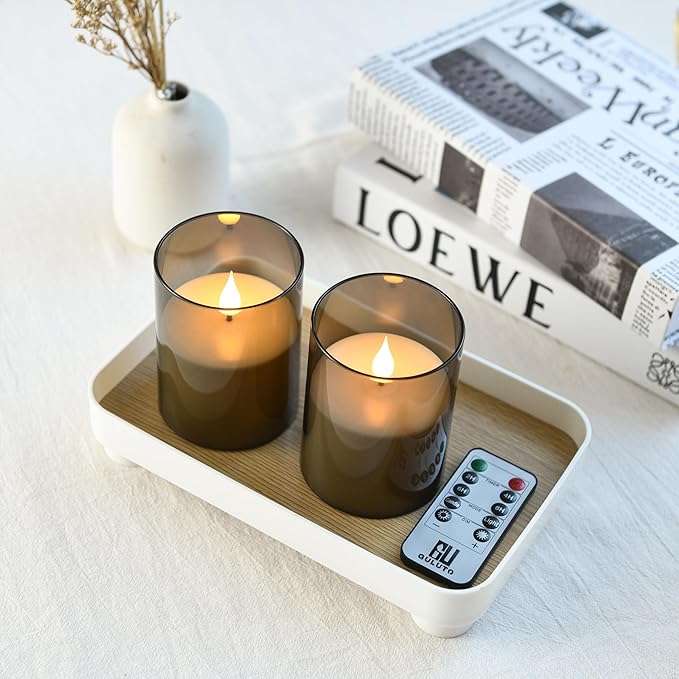 Flameless Flickering Candles, Non-breakable Battery Operated Candles, D 3" x H 6", Set of 2, Led Acrylic Grey Electric Pillars Candle with Remote and Timers for Wedding Party Romantic Decor