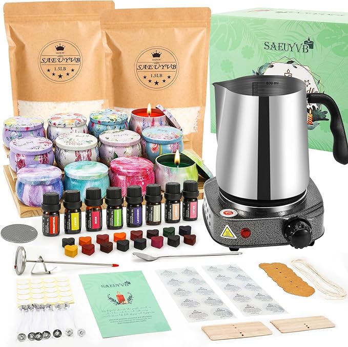 SAEUYVB Candle Making Kit with Wax Melter, Candle Making Kit for Adults, Candle Kit - DIY Starter Soy Candle Making Kit - Perfect as Home Decorations