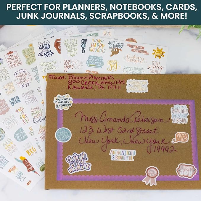 bloom daily planners Inspirational & Motivational Quotes Planner Stickers (8 Sheets / 200+ Stickers) - Hand-Lettered Positive Cute Aesthetic Quotes for Decorating, Planning, Scrapbooking - Cool Tones