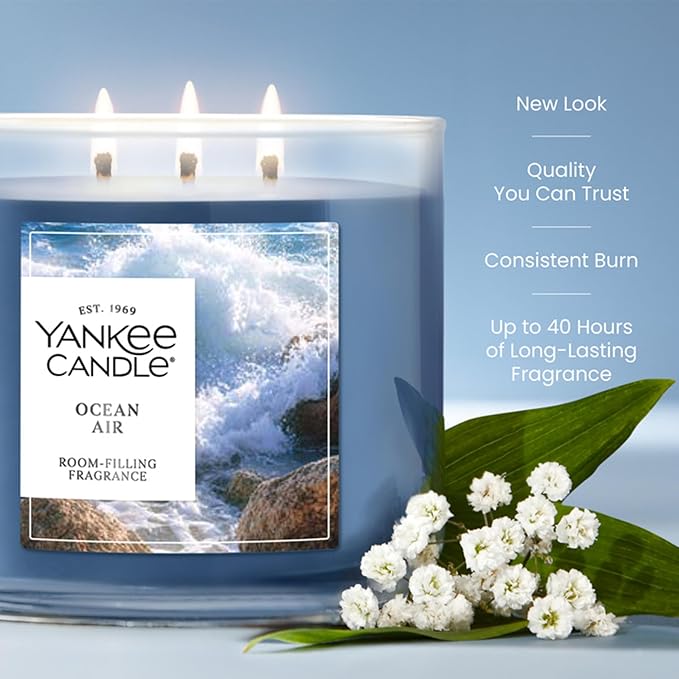 Yankee Candle Ocean Air, Scented Candle, 14.5oz 3-Wick Candle Jar with up to 40 Hours Burn Time